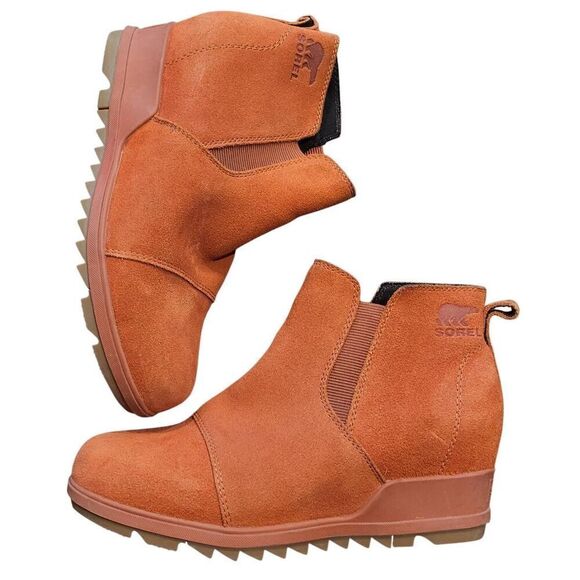Sorel Booties Women's 7.5 Warp Red Rust Evie Suede Pull On Wedge Waterproof - Picture 1 of 5